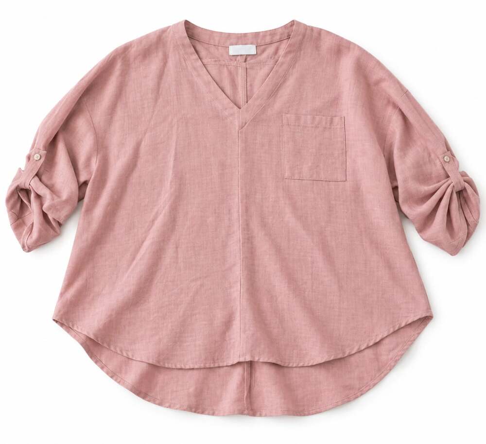 Emelia Pink Polyester Linen Size L V-Neck Blouse (w)